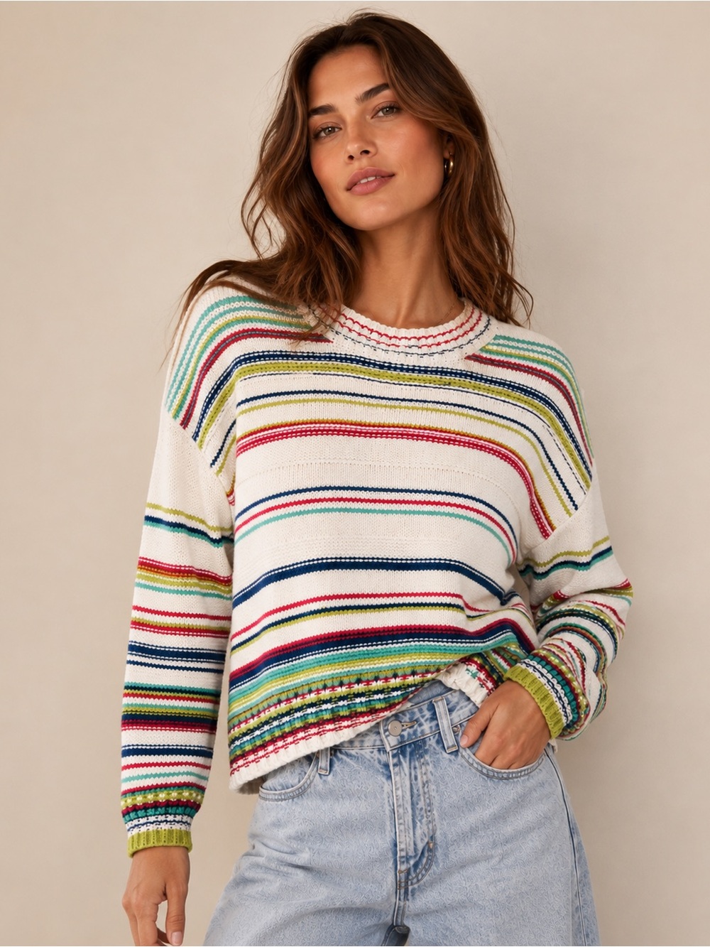 Anthropologie Maeve Multicolor Striped Crewneck Cable Knit Sweater - Picture 2 of 9